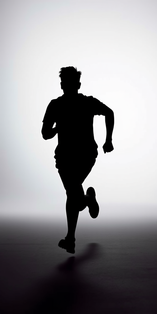 Create a dynamic silhouette of a person running towards the viewer, using a Canon EOS R5 camera with a 50mm f/1.2 lens, aperture set to f/2.8, ISO 100, fast shutter speed for capturing motion, in a well-lit studio environment with a soft white backdrop.