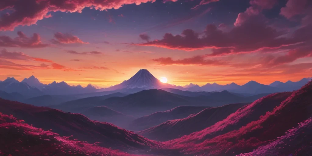 Majestic Sunset Over Vibrant Mountains with Blossoming Pink Flora in ...
