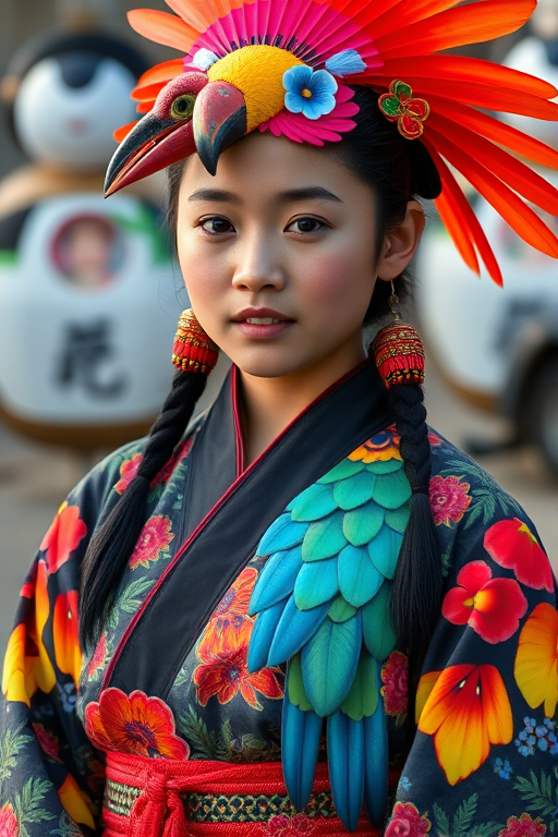 A beautiful Ryukyuan girl, wearing colorful bird clothing with vibrant colors