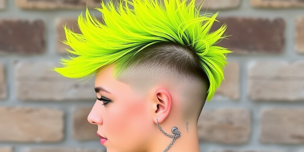 Electric Neon Buzz features a bold, asymmetrical undercut with vibrant yellow-green hair on top, styled in spiky tufts that seem to crackle with energy