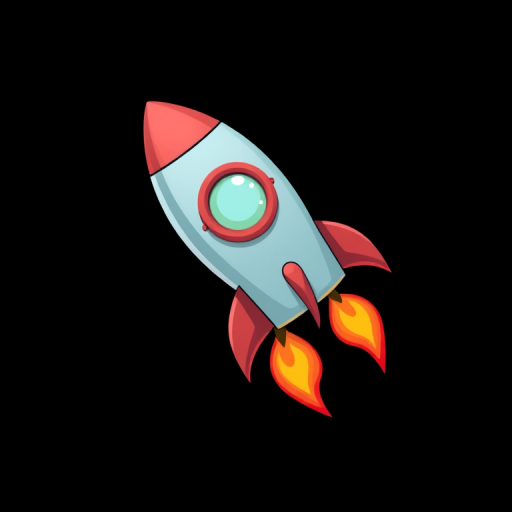 create a colorful cartoon-style rocket with red fins and a round window, soaring with flames, on a solid black background, shot with a DSLR camera at f/8, ISO 100, 50mm lens, top-down view, vibrant saturation, soft lighting