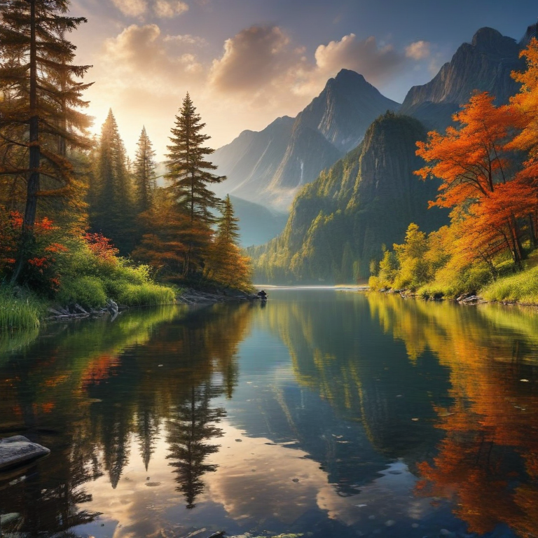 Serene Autumn Landscape with Majestic Mountains and Reflective Lake at ...