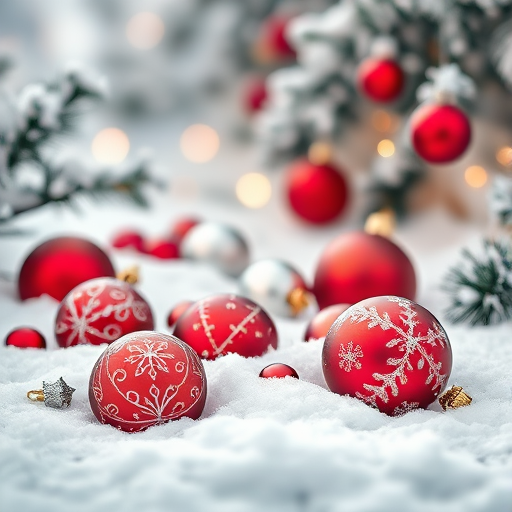 Generate an image of a winter scene featuring a snowy landscape with various Christmas ornaments. Include red and silver baubles, some with intricate patterns, scattered among a fluffy layer of snow. In the background, add frosted pine branches and a soft, blurred, wintry atmosphere with gentle bokeh effects.