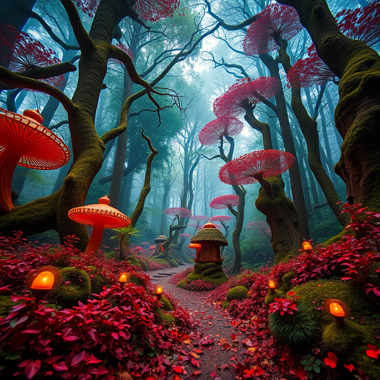 Generate an intricate fantasy forest landscape with vibrant colors and mystical creatures, shot with a Canon EOS R5 at 24mm f/1.4, ISO 100, with a shallow depth of field for a dreamy effect, using a wide-angle lens from a low perspective view to emphasize the grandeur of the scene.