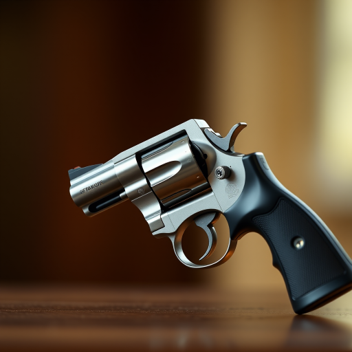 Generate an image of a classic revolver with a sleek silhouette, using a Canon EOS 5D Mark IV, aperture f/2.8, ISO 100, shutter speed 1/250s, in a side view with a soft focus background for enhanced clarity.