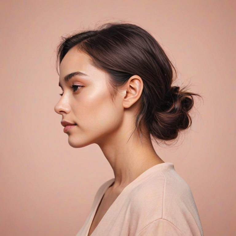 Create a minimalist line art illustration of a woman in profile against a solid pastel background, using a Canon EOS R5 with a 50mm f/1.2 lens, aperture set to f/2.8, ISO 100, and a soft focus effect for smooth skin tones and gentle color gradients.