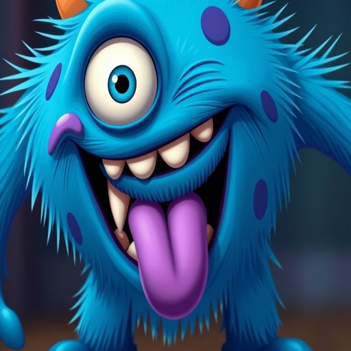 Create a high-resolution cartoon-style image of a blue monster with one large eye, a wide mouth with teeth, and a long purple tongue, captured with a DSLR camera, 50mm lens, f/1.8 aperture, ISO 100, shallow depth of field, vibrant colors, and even lighting.