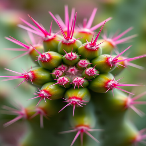 close-up of a vibrant cactus with pink-edged spines and green body, shallow depth of field, f-stop 2.8, 50mm lens, natural light, DSLR camera, macro photography, high resolution
