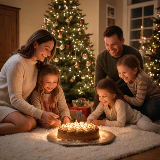 Warmly lit image of a family gathered around a Christmas tree, soft glow from the twinkling lights illuminating their smiles, the smell of pine and gingerbread cookies filling the room.