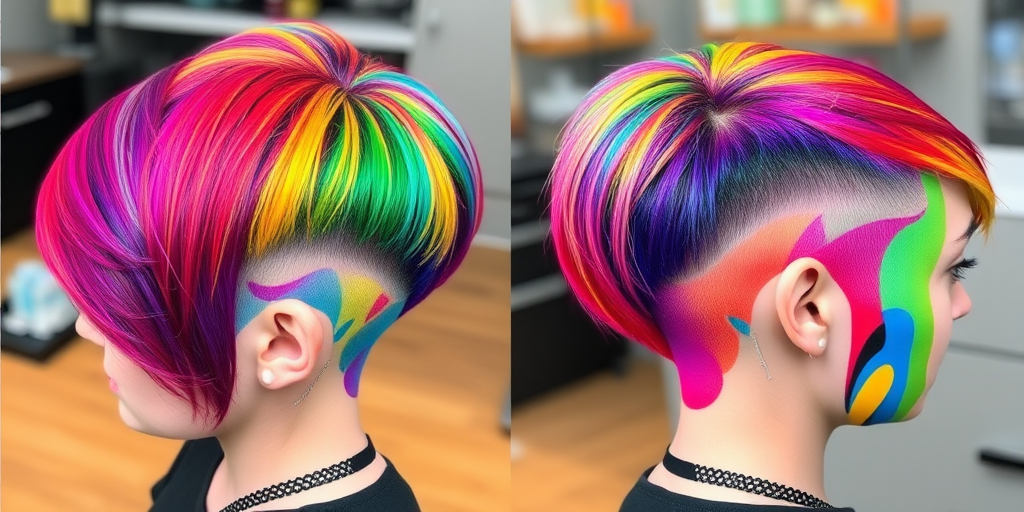 Vibrant rainbow mosaic undercut, expertly colored by "Prism Palace" artists, showcasing a closely cropped back and sides with a longer, swept-back top, each section dyed a different hue of the rainbow, creating a stunning, kaleidoscopic effect that's both playful and avant-garde.