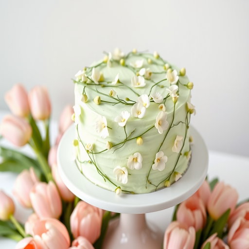 A beautifully decorated cake with a light green frosting covered in delicate white flowers and green stems arranged in a charming floral design on a white cake stand surrounded by soft pink tulips in the background.