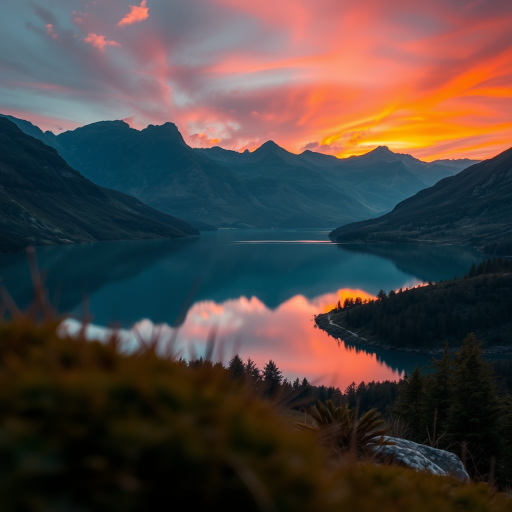 high-resolution image of a serene landscape featuring a calm lake surrounded by mountains during sunset, with vibrant colors reflecting on the water, captured with a DSLR camera with a 50mm lens at f/1.8, ISO 100, shutter speed 1/125 sec, taken from a low angle for enhanced depth, using a wide aperture to create a slight blur in the background for focus on the foreground elements