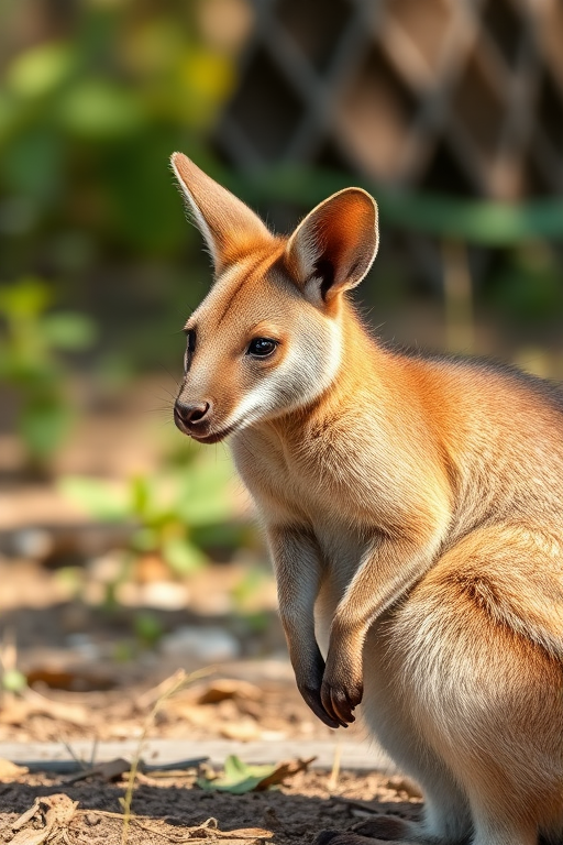 Generate an image of a wallaby in a natural environment, using a Canon EOS R5 with a 85mm f/1.2 lens, aperture set to f/2.8, ISO 100, shutter speed 1/250s, captured in natural light with a shallow depth of field for detail and clarity.