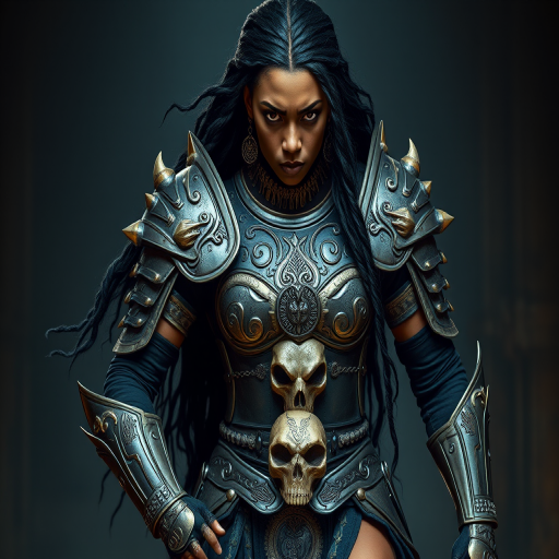 Create a photo of a fierce Yoruba female warrior with long black hair, wearing an ornate, metallic armor. The armor includes a breastplate with intricate designs, shoulder guards, and gauntlets. The breastplate is decorated with a central emblem, possibly representing a mythical symbol, and has a sculpted, form-fitting design. She wears a belt with a large skull ornament at the center, and her armor extends into a partial skirt, revealing one leg. The overall look is both protective and stylish, with a dark, gothic aesthetic. The background is dimly lit, suggesting a medieval or fantasy setting, enhancing the warrior's imposing presence and intense expression.