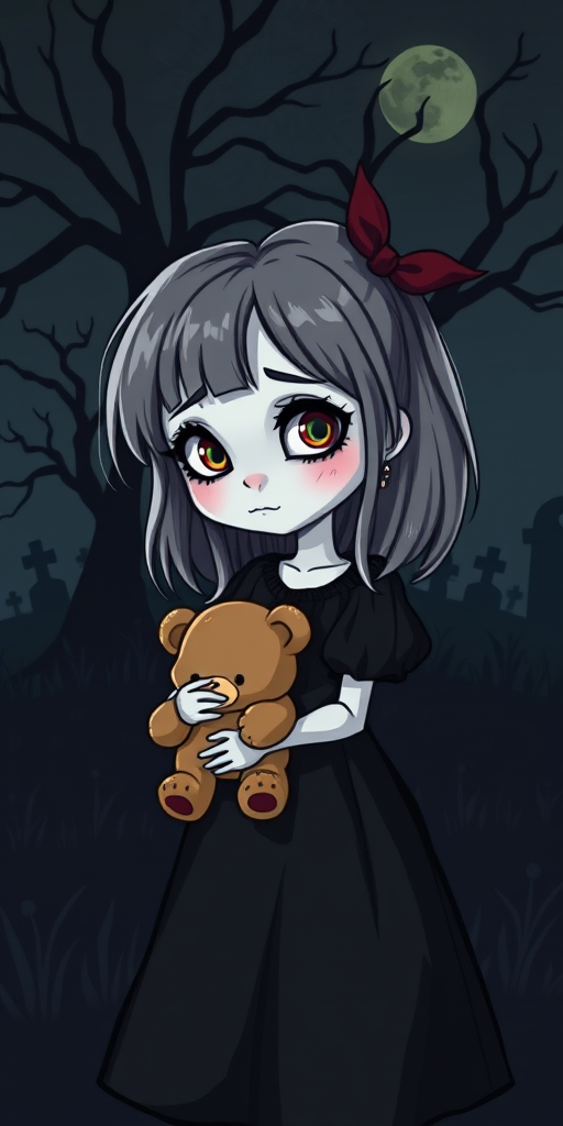 Create a spooky, cartoon-style illustration of a girl with pale skin and a black dress, holding a teddy bear, set against a dark, eerie background with a tree and distant gravestones, using a DSLR camera with a portrait lens at f/1.8, ISO 100, 1/60s, in low light to enhance the colors and shadows.