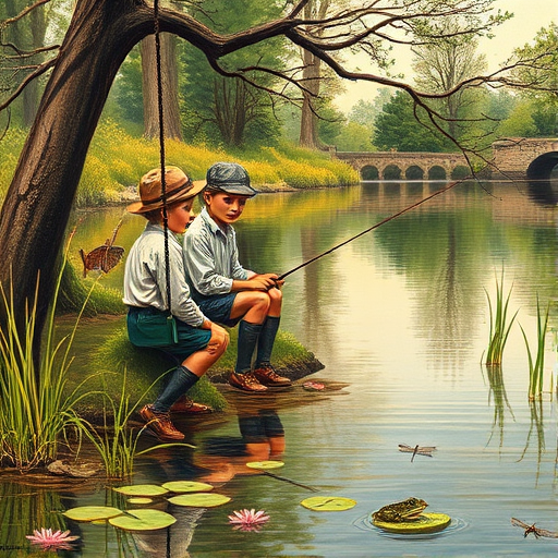 Imagine a small group of old fashioned young boys out fishing by the creek, a swing hanging from a tree branch, reeds and grasses by the water's edge, a frog sitting on a lily pad, dragonflies hovering over som water plans, a very iconic old fashioned scene reminiscent of a Norman Rockwell painting style