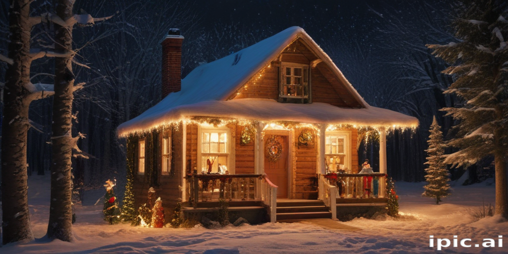 A Cozy Winter Cabin Decorated with Festive Lights and Snowy Surroundings.