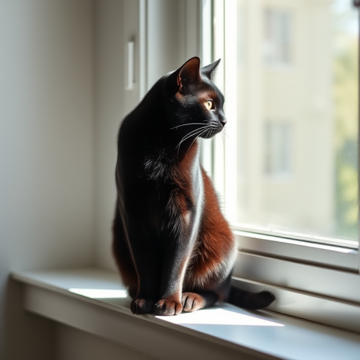 Generate an image of a sleek black cat sitting gracefully on a windowsill with soft sunlight illuminating its fur, using a Canon EOS R5 camera, 50mm f/1.2 lens, aperture f/1.8, ISO 100, natural light, shallow depth of field, and a portrait orientation.