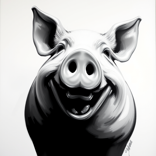 Abstract black and white acrylic portrait of an over exaggerated laughing (pig). Minimalism style. White background.