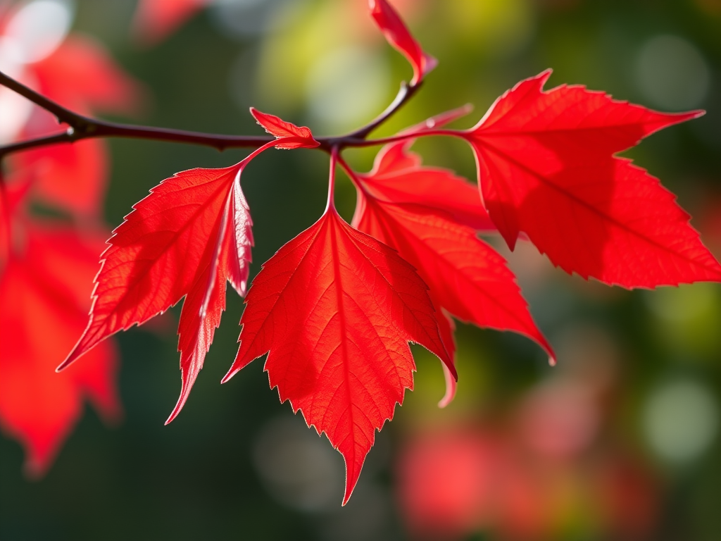 close-up view of bright red leaves hanging from a branch, macro photography, f/2.8 aperture, ISO 100, 1/200 sec shutter speed, natural light, DSLR camera