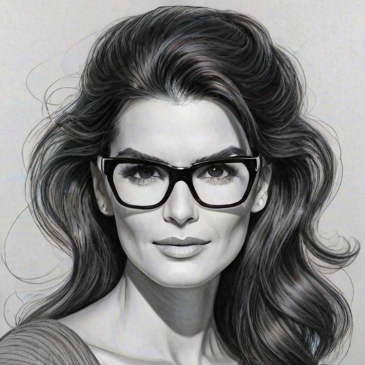 Graceful Angie Harmon, pencil sketch, portrait of Bewitching woman 1966s in glasses, hair style beatnik, outline, clear lines, fine lines, 8k
