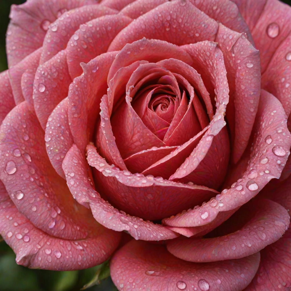 Create an image of a single rose with dew drops on its petals. The rose should be in full bloom and the background should be blurred with a hint of greenery. The rose should be captured from a side angle, showcasing its vibrant color and intricate petal structure.