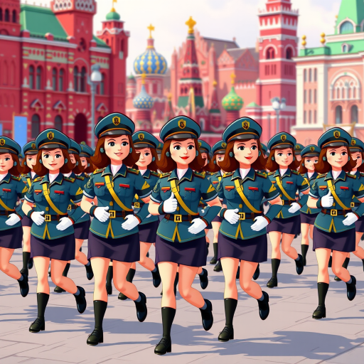 Cartoon 3D Military parade in Red Square in Moscow with military women wearing short skirts.