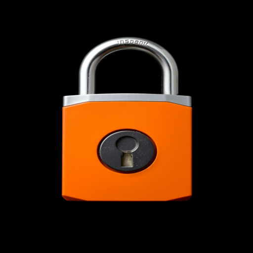 Create a high-resolution image of a padlock with a gray top and orange body on a black background, using a DSLR camera, f/2.8 aperture, 50mm lens, ISO 100, natural lighting, and a shallow depth of field for enhanced clarity and focus on the padlock.