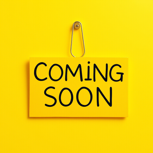 Create an image of a yellow "Coming Soon" sign with a paper clip at the top in a minimalist style, shot with a DSLR camera at f/2.8, ISO 100, and a 50mm lens, using natural light for a bright and vibrant look.