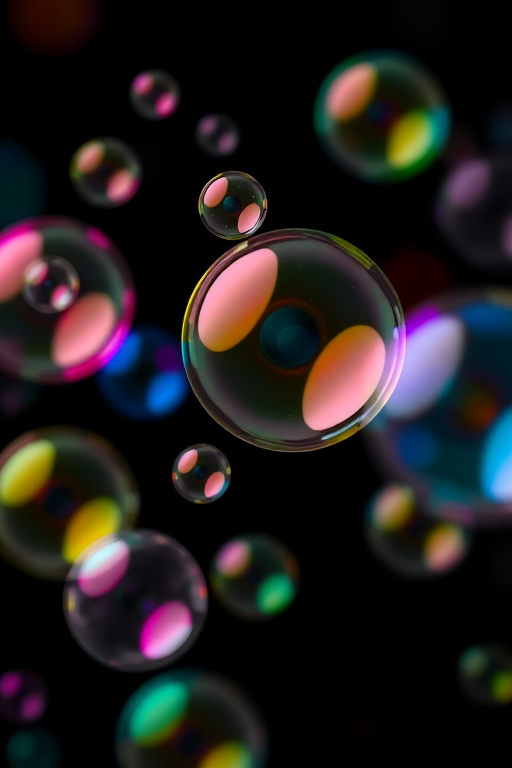 abstract colorful bubbles on a black background, macro lens, aperture f/2.8, shutter speed 1/250s, ISO 100, top-down view, high dynamic range imaging, DSLR camera