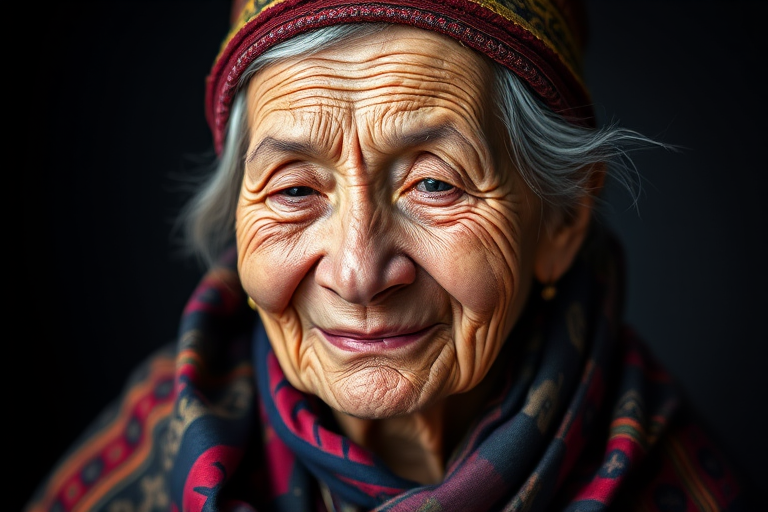 portrait of an elderly woman with deep wrinkles, wearing a traditional colorful shawl and a distinctive hat, smiling softly, studio lighting, 85mm f/1.4 lens, ISO 100, shutter speed 1/200s, natural color grading, shallow depth of field, focus on facial details