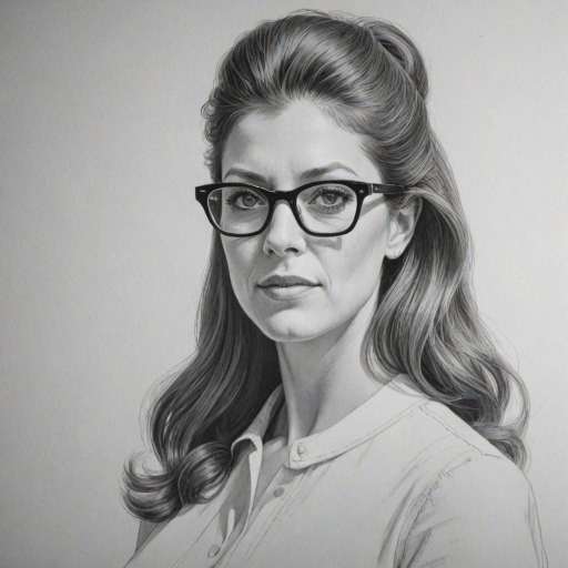 Exquisite Kate Walsh, pencil sketch, portrait of Dazzling woman 1963s in glasses, hair style beatnik, outline, clear lines, fine lines, 8k