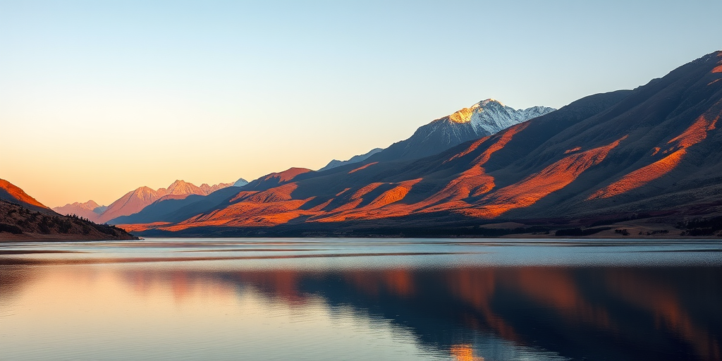 Create a high-resolution image of a serene landscape with mountains in the background and a calm lake in the foreground, shot with a DSLR camera, aperture f/8, ISO 100, 24mm lens, golden hour lighting for soft shadows and enhanced colors.