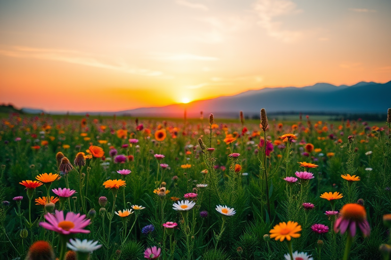 Generate a vibrant landscape of a wildflower field with distant mountains, shot in the golden hour using a DSLR camera, 35mm lens, f/8 aperture, ISO 100, landscape orientation, and a low-angle view to enhance depth.