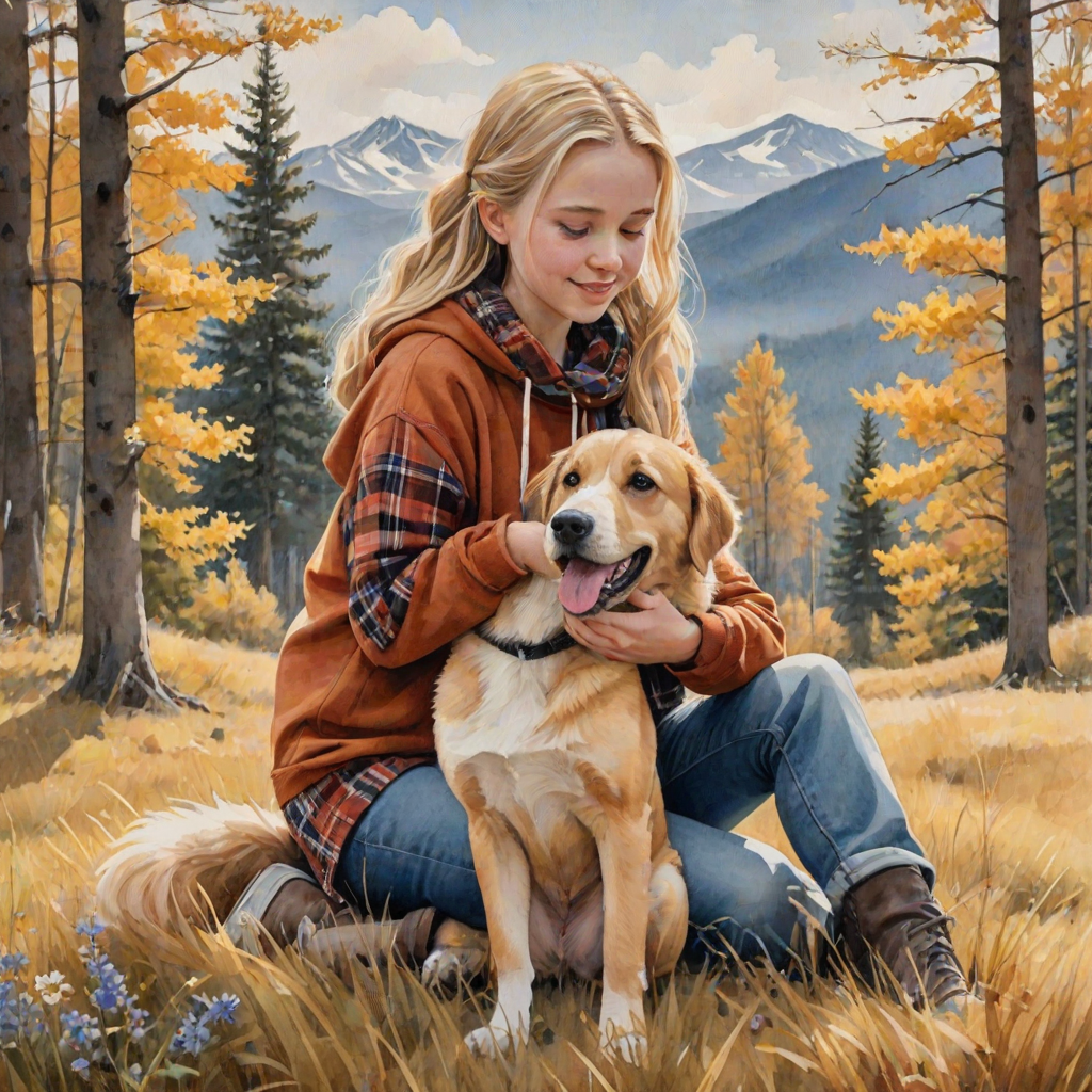 A detailed watercolor and acrylic illustration showing a heartwarming scene between a young blonde girl in pigtails and a Bearnaise Mountain dog. The girl, dressed in a rust hoodie, jeans, and a plaid scarf, gently rests her hand on the dog’s head. The dog, with black, copper, and white fur, sits beside her, tilting its head in affection. They sit on golden grass with wildflowers, against a sunny fall background. The artwork focuses on realistic textures and the tender bond between them.