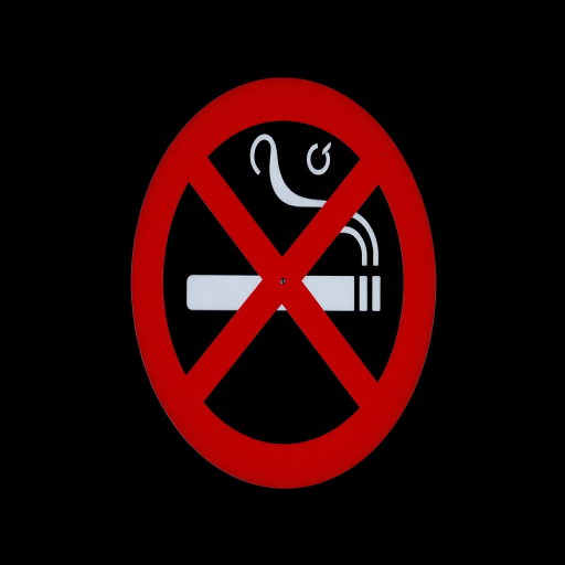 Create a high-resolution image of a "No Smoking" sign featuring a stylized cigarette with smoke, using a Canon EOS R5 camera, aperture f/8, ISO 100, focal length 50mm, capturing the sign in a minimalistic style with a clear focus and vibrant colors against a black background.