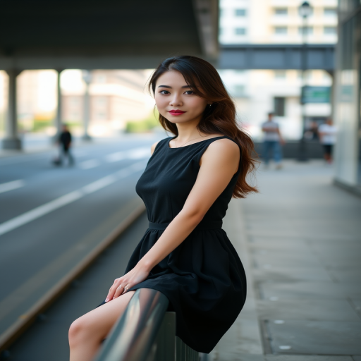 portrait of a woman in a black dress sitting on a railing in an urban setting, natural soft lighting, shallow depth of field, camera type DSLR, aperture f/2.8, shutter speed 1/200s, ISO 100, 50mm lens, focused on subject with blurred background