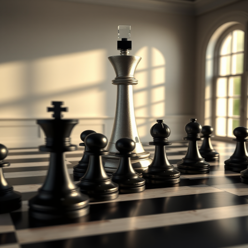 Create a high-resolution 3D render of a chess scene with a large metallic white queen and black pieces arranged on a checkered floor, with dramatic shadows, wide-angle view, f/2.8 aperture, ISO 100, 24mm lens, and soft natural lighting coming from a side window.