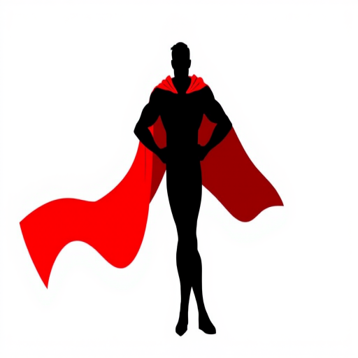 Create an illustration of a simplistic superhero figure with a flowing red cape, dynamic pose, solid black silhouette, high contrast, sharp edges, on a plain white background, captured with a DSLR camera at f/2.8 aperture, ISO 100, 50mm lens, using a softbox for even lighting.