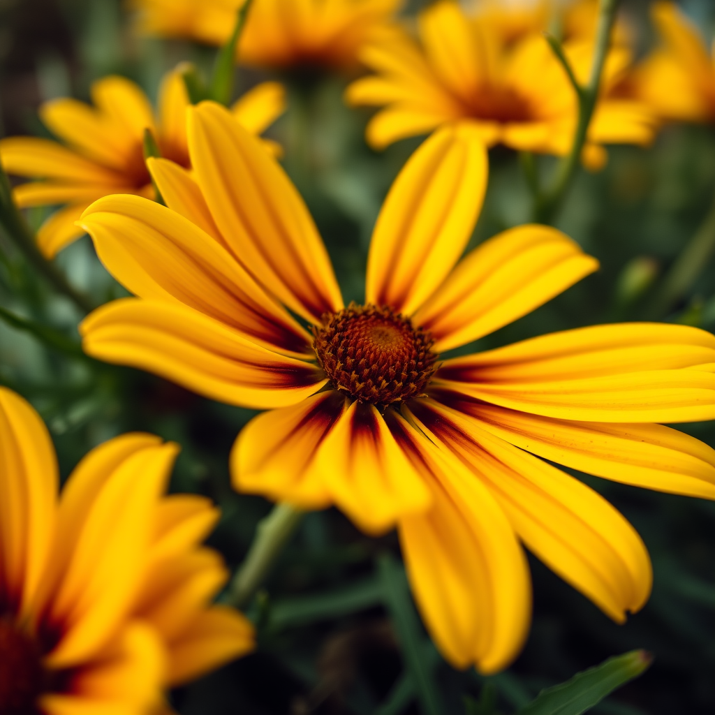 close-up of a vibrant yellow flower with a brown center surrounded by greenery, captured with a DSLR camera, 50mm lens, f/2.8 aperture, 1/250 sec shutter speed, natural light, shallow depth of field, vivid colors, soft focus background