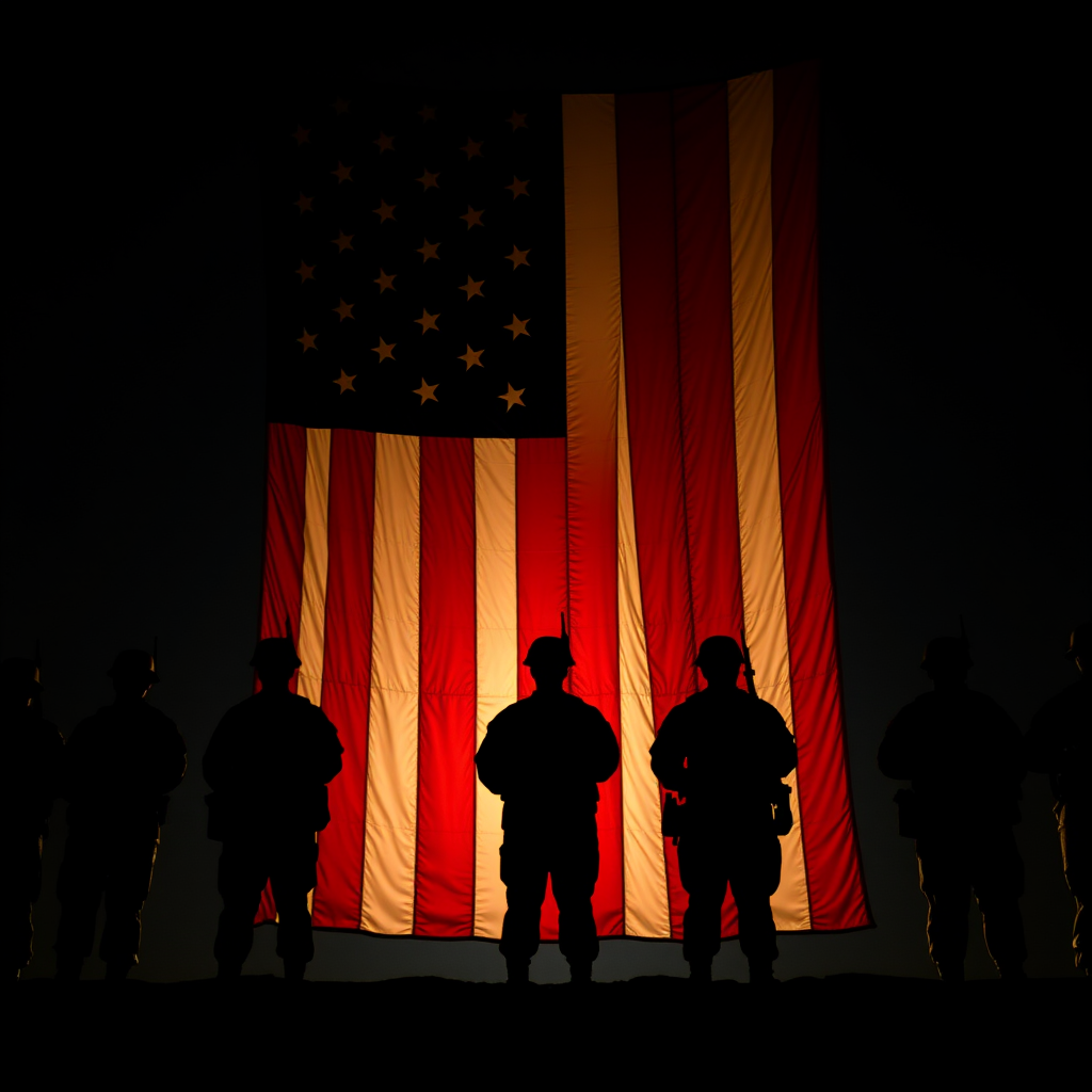 Create a high-contrast silhouette image of soldiers standing in front of a large American flag, using a Canon EOS R with a 50mm lens, aperture f/1.8, shutter speed 1/2000s, ISO 100, shot from a low angle to emphasize the figures against the flag in a dramatic lighting style.