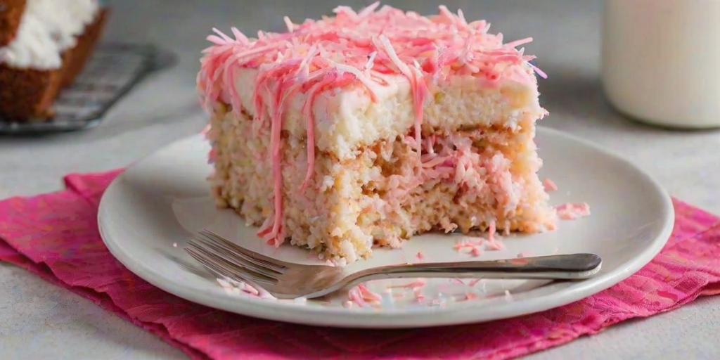 Create an image of a square piece of cake with a bite taken out of it. The cake is covered in a bright pink layer of frosting and rolled in shredded coconut. Place the cake on a white plate with a fork beside it, and ensure the background is softly blurred to emphasize the cake.