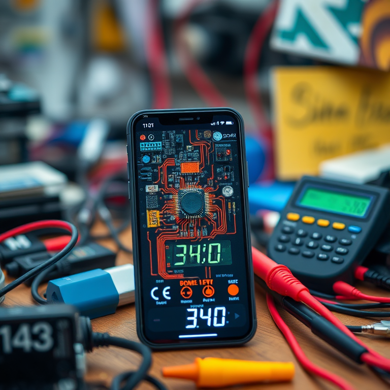 Create a high-resolution image of a cluttered workspace featuring a smartphone displaying a circuit board, with a digital multimeter showing a reading of 340, soft focus background, shallow depth of field, f/1.8 aperture, 50mm lens, ISO 100, natural lighting.
