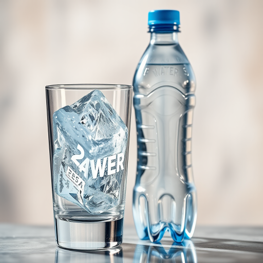 Generate a hyper-realistic image of a plastic water bottle and a transparent glass filled with ice, using a Canon EOS R5 camera with a 50mm lens, f/1.8 aperture, ISO 100, natural lighting, and a focus on detailed textures and reflections.
