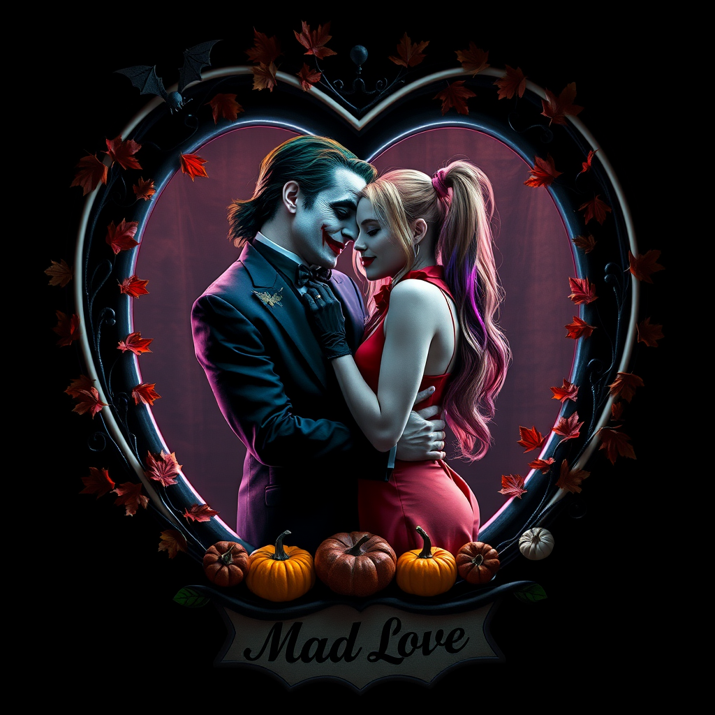 The Joker, neat, wearing a black suit and a beautiful Harley Quinn with long hair, both romantic, hugging and cuddling in the middle of a neon linen black heart frame decorated with dead leaves, bats, and small pumpkins, with a label at the bottom that reads 'Mad Love' made of linen, in a photo realistic style.
