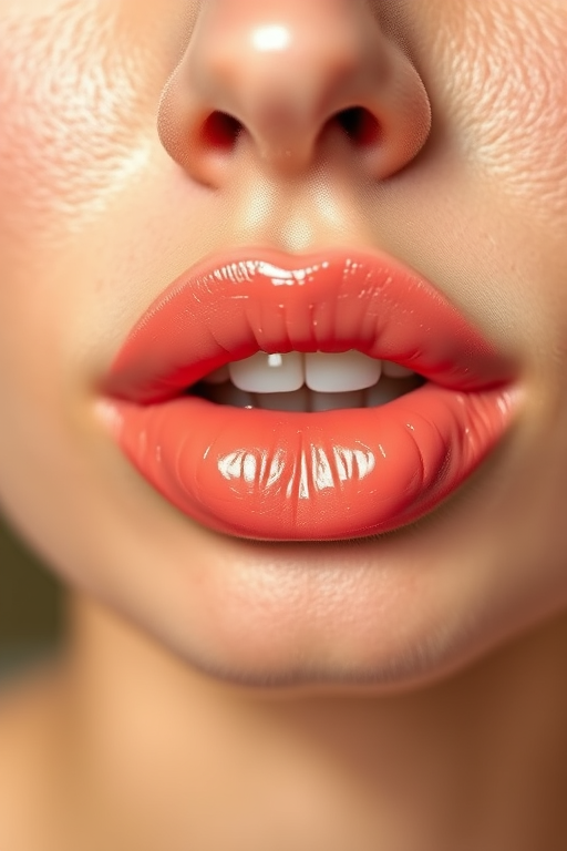 Sheer coral lip oil imparts a subtle tint and glossy finish, highlighting the lips' natural texture and creating a fresh, effortless appearance