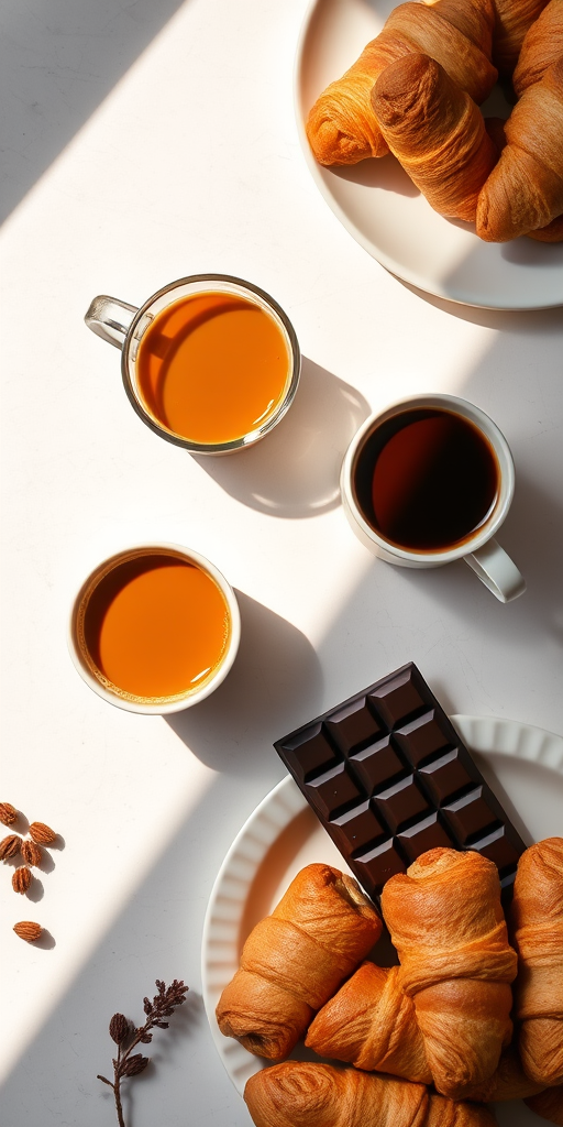 Create a vibrant flat lay image featuring two cups of coffee, a chocolate bar, and a plate of croissants, captured with a DSLR camera at f/2.8, ISO 100, 50mm lens, using natural light for a warm aesthetic and minimal shadows.