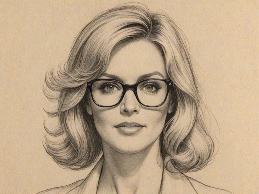 Comely Donna Mills, pencil sketch, portrait of Enticing woman 1927s in glasses, hair style beatnik, outline, clear lines, fine lines, 8k