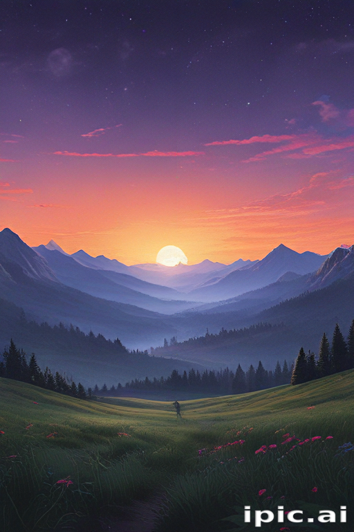 Majestic Sunset Over Serene Mountains and Lush Green Valley Landscape