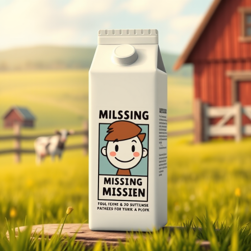Create a detailed illustration of a milk carton featuring a cartoon character with a smiling face and missing poster design, set against a blurred farm landscape background, with soft natural lighting, using a DSLR camera with a 50mm lens at f/1.8, ISO 200, and shutter speed of 1/200s, angled slightly to the right for depth.